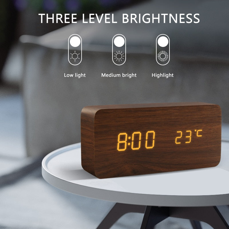 Rich- Feeling Led Wooden Alarm Clock with Voice Control